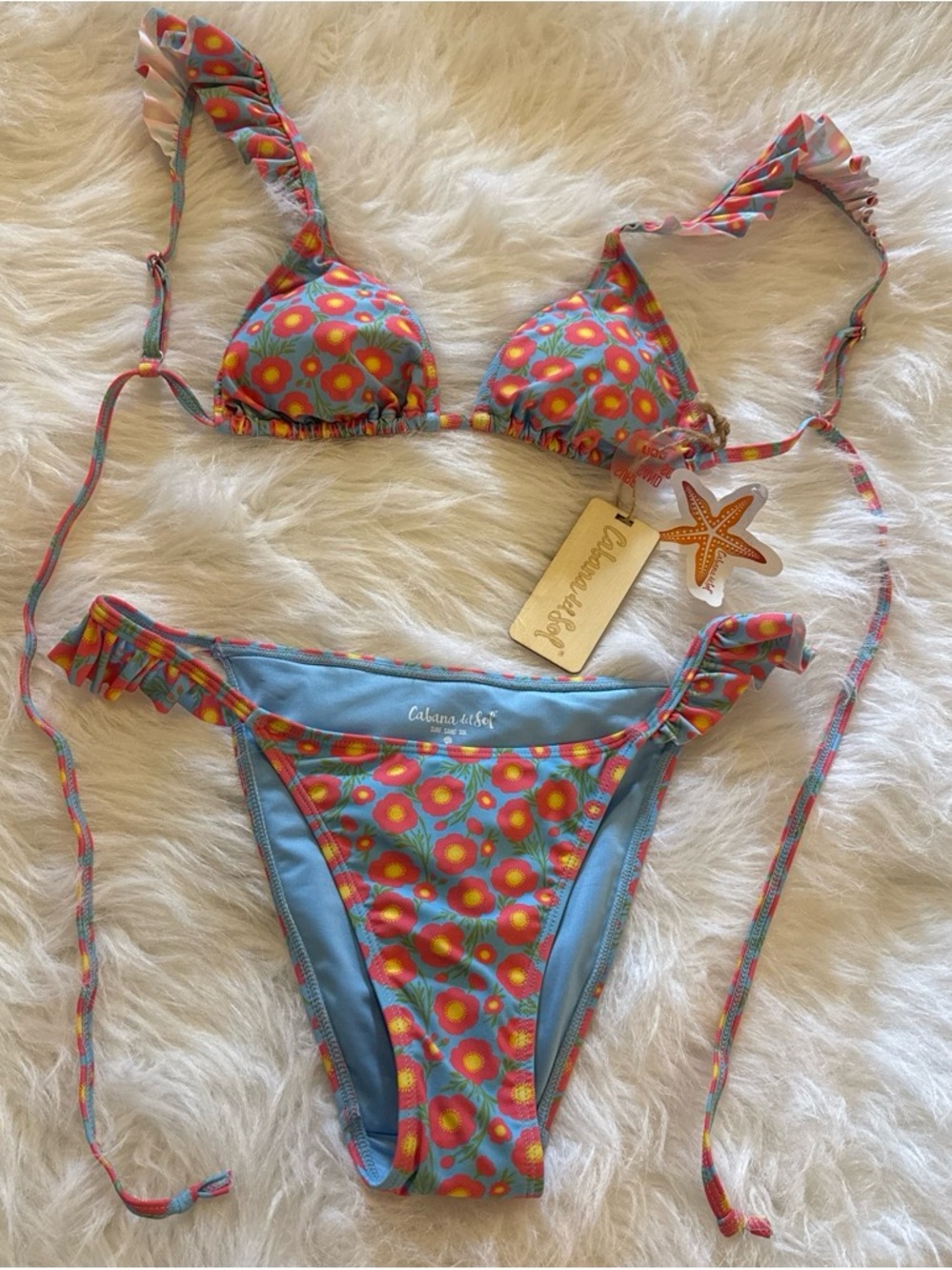 Cabana Life Blue Floral Triangle Bikini Set with Pink and Orange Blooms